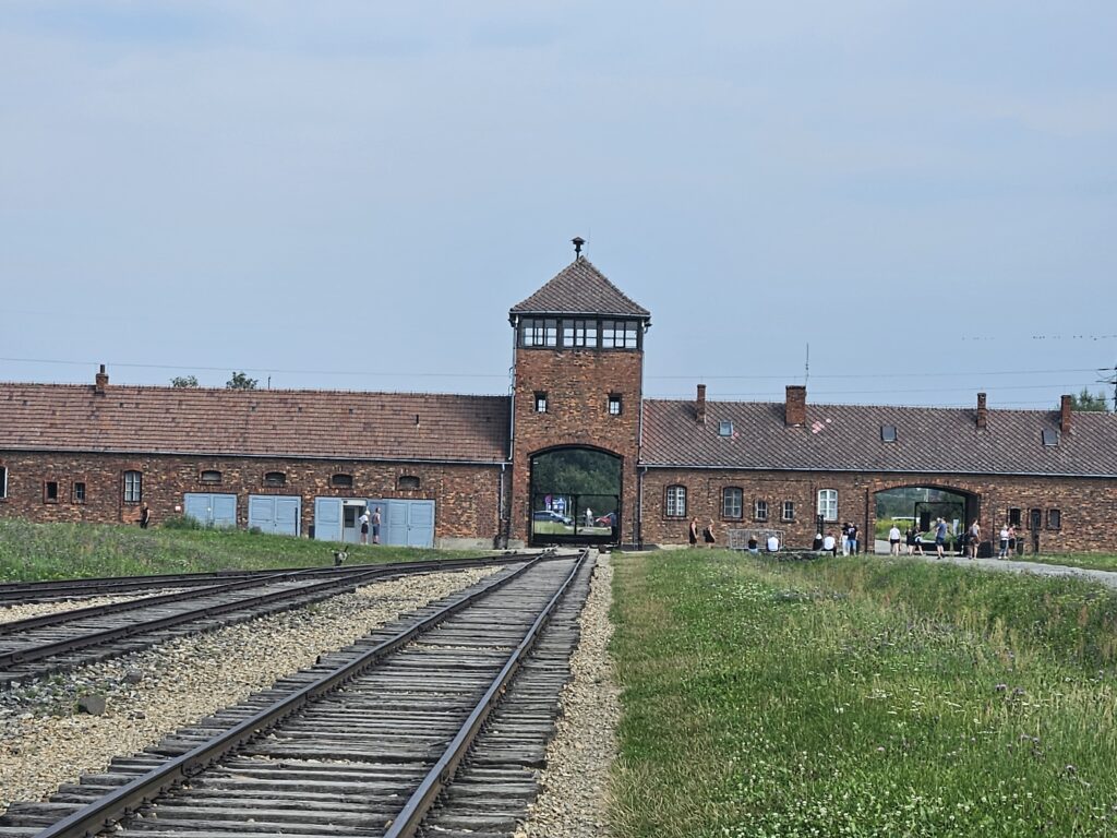 The grim rail entrance to Auschwitz, Poland.