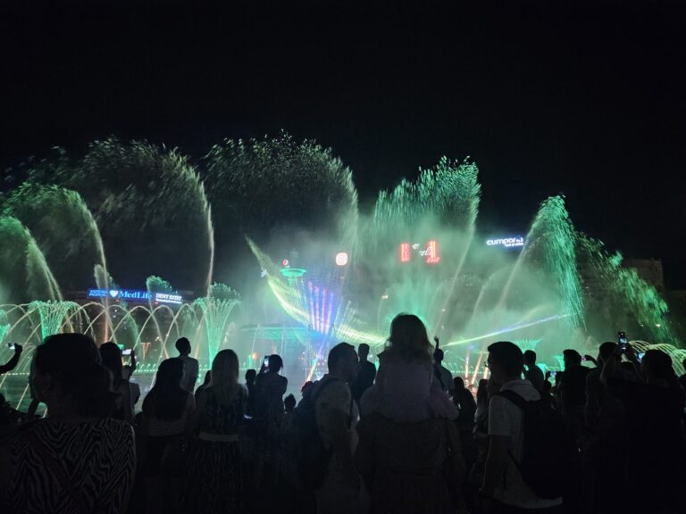 Beautiful night time summer fountain show at Piata Unirii, Bucharest, Romania