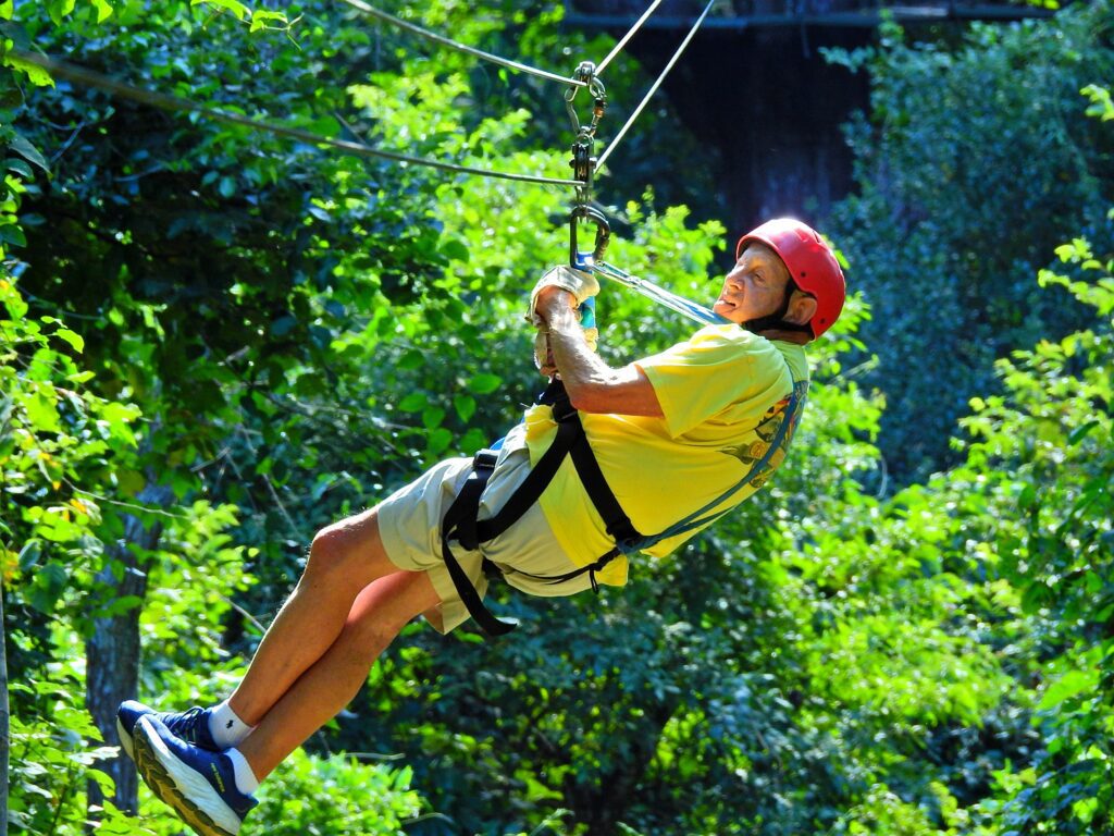 Steve of Travels with Steve managing the Zip Line sucessfully.